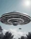 Placeholder: Design a futuristic, silver UFO hovering in a clear blue daytime, photorealism, surrealism, black and white photography, analog film, highly detailed