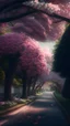 Placeholder: A park road with beautiful flowers trees lower angle beautiful, realistic, photography, cinematic,4k