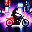 Placeholder: photo of a ninja riding a bike; in an alternate universe in tokyo; cyberpunk; realistic; rain; neon signs