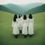 Placeholder: a group of women standing on top of a lush green hillside, inspired by Ren Hang, design milk, long black hair, whites, wanderers traveling from afar, trending on artisation, cloning spell, coat pleats, in twin peaks, submarine, by Helen Thomas Dranga, symetry, round-cropped, noire photo