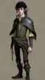 Placeholder: a teen elf. he has curly, black hair and sharp cheekbones. His eyes are black. He wears fantasy medieval clothes with boots. he is lean and tall, with pale skin. full body