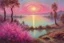 Placeholder: fushsia sky, planet in the sky, lake, sci-fi, mountains, galactic cosmic influence, friedrich eckenfelder and emile claus impressionism paintings