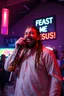 Placeholder: An "Kebab man" performing at dance club in a church, his name is "Kebab man" Happy and christian look, Talking to the holy Jesus, Neon lights and smog, "FEAST ME JESUS!" big sign on the wall