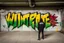 Placeholder: painted on concrete wall of underpass a young cyberpunk hacker paints a complicated colorful / uppercase all-white graffiti text in text: "WINTERMUTE"; street art, graffiti green-yellow-black triotone, wall painted matte black and yellow and deep red, semi-front view, low angle, daylight, cinematic, dramatic