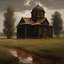 Placeholder: an oil painting in which, far away on a black earthen field, a small one-story, low, long, brick-and-white ancient Christian Russian church with a wooden roof is visible, after rain, clear sky, 17th century, with a small dome,style Andrey Rublev