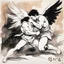 Placeholder: [traditional Chinese brush, expressive line, ink washes] Jacob wrestling with angel