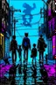 Placeholder: Black cat with two teenage boys and one punk girl with the cat walking on the night town street. Detailed picture, Street art style, dark colours, graphic style, fine art, Kandinsky style, Banksy style, Beksiński style