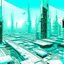 Placeholder: Digital illustration by Frank Miller of a futuristic and digital city, colors are white, light blue (#DBF0EC) and light green (#CCE7D5).