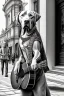 Placeholder: One single mature labrador, historic clothes, playing guitar in the street , Vienna, friendly, model style, hyper realistic, extremely accurate, delicate, extremely detailed, Graphic novel style, wide-angle, open aperture, superfine pencil