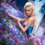 Placeholder: Fantasy fairy with transparent wings, smiling, make up, long platinum blond hair with crown and flowers, blue dress, flowering background