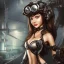 Placeholder: great illustrator, spanish, realistic rendering of a cute girl, beautiful, steampunk syle, black and white. Helmet with tubes. mask. Machinery in the background. robotic bird fkying. High details. 4k. unreal engine