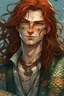 Placeholder: wet pirate nereid male with fish scale skin, freckles and seaweed in long auburn hair