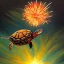 Placeholder: Oil painting style turtle and fireworks