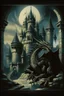 Placeholder: 70s dark fantasy art, illustration of a black dragon in a castle