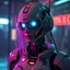 Placeholder: a robot from a dystopian future, cyberpunk aesthetic, worn with age, neon, feminine