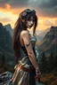 Placeholder: Photorealistic full-height photo of a fantasy skinny steampunk pin-up girl with long, dark ginger hair in a fantasy landscape