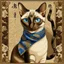 Placeholder: Vintage Japanese art style portrait of a chocolate point Oriental shorthair Siamese cat, inspired by Ukiyo-e prints, elegant smooth fur with soft white highlights, intricate chocolate and muted tan patterns within the fur, deep [COLOR], bold blue scarf around neck, aged beige background with traditional [COLOR] and black calligraphy, delicate brush textures, muted earthy palette, subtle antique atmosphere." "Sho Hotei" 寿 ホテイ (Jū Hotei) in Japanese.