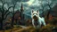 Placeholder: a small, fluffy dirty white west highland terrier in a faraway fairy tale village, orange, yellow, where the trees twisted like gnarled fingers and the skies brooded with stormy clouds, 8k, high quality, trending art, trending on artstation, sharp focus, studio photo, intricate details, highly detailed, by tim burton