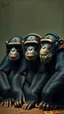 Placeholder: Bosch painting style nightmare, three chimpanzees are sitting side by side , one with sunglasses, another with headphones, and another with mouth mask.