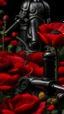 Placeholder: A small wooden hammer near a black pistol, a black leather glove and red lipstick in a dark garden filled with red poppies.Cinematic and realistic image