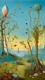 Placeholder: A garden of wired out of this world flowers and trees with light blue sky in Bosch painting style and Dali