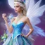 Placeholder: Fantasy fairy with transparent wings, smiling, make up, long platinum blond hair with crown and flowers, blue dress, flower background