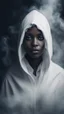 Placeholder: beautiful black women in white Smokey ethereal, heavenly background, portrait of a hooded dark creature