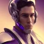 Placeholder: Handsome guy face, Sci-fi character, purple backlight, pink and purple, scifi suit, profile, purple background