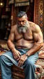 Placeholder: close up photography of a burly beefy strong 40-year-old Turk in Istanbul bazaar, shirtless, selling carpets sitting on a pile of carpets, biig shoulders, manly chest, very hairy, side light,