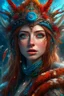 Placeholder: realistic face, Beautiful goddess of winter, intricately beautiful face, knees up portrait, "in the style of Laura Sava, deep color, fantastical, intricate detail, splash screen, complementary colors, fantasy concept art, 8k resolution, Unreal Engine 5,royo,1990s, splash art,