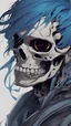 Placeholder: a close up of a person with a skull on their head, blue and black colors, anime skull portrait man, scary detailed art in color, hiroyuki-mitsume takahashi, nychos art aesthetic, half man half skeleton, anime cyberpunk art, colored manga art, rossdraws pastel vibrant, hot colors. insanely detailed, beautiful anime portrait, stunning anime face portrait, scary art in color
