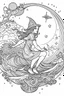 Placeholder: A witch flying on her broomstick across a starry night sky. . Outline, sketch style, only use outline, mandala style, clean line art, white background, no shadows, no clear wall, coloring page.