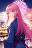 Placeholder: girl, masterpiece, best quality, cinematic lighting, detailed outfit, vibrant colors, perfect eyes, long hair, pink hair, blue eyes, kimono, fireworks, laughing, town, looking back,