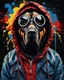 Placeholder: Vibrant and dynamic masterpiece with fluid patterns forming a killer dog wearing a hood and a gas mask, its eyes are intense. Bright colors of red, blue and a touch of yellow, creating a fascinating effect. The black background creates a strong contrast, making the colors stand out even more., Banksy style, concept art, dark fantasy, vibrant, painting, portrait photography