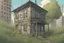 Placeholder: house, electrical box, overgrown, post-apocalyptic, comic book, city background