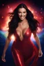 Placeholder: from behind, 3D bubbles, 3D hearts, sunlight, blue skies, magic, multicolored swirling light, aurora borealis, a flowing river of electricity, fireflies, a close-up, facial portrait of a totally gorgeous Megan Gale, with Long Black hair, cobalt blue eyes, smiling a big bright happy smile, wearing a red sling suit with a gold/yellow bat emblem on the lower stomach area, and black boots, professional quality digital photograph, happy time