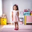 Placeholder: a 4 years old azeri girl in modern clothing and makeup standing pose with cute and joy with pertty shoes in a large baby bedroom