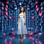 Placeholder: make a picture pretty stage made of metallic blue-gray teme 3d recursive cubic and sphere and heart simbols base structures and a beautiful fashion model lady standing with cute in scene with sexy top and pretty pleated midi skirt ,makeup curvy long hair,dynamic camera zoom to full body and pan, dynamic lights.