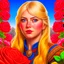 Placeholder: Blue eyed traditional blonde Viking woman art with nature and roses in the background