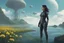 Placeholder: young woman in an android suit with dark hair, standing on the shore of an alien sea. Floating forests with dandelion tops in the distance