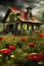 Placeholder: A cottage surrounded with poppies growing out of a zombie
