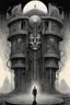 Placeholder: A charge building with a Indian fathers on and with computer chips and a smoke in the background dark a thin line draw ، front view camera, decayed and proportions and imagery. surreal chorror, biomechanical design, by hr giger and beksinski , fine lines draw