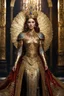 Placeholder: Realistic photography,front view, Beautiful Queen Russian Byzantine fairy super model Byzantine Woman, brown hair,dressing luxury party gown,looking at viewer,traditional dress ornaments Luxury gown Byzantine traditional, intricate armor, delicate golden shine bright, black metalic parts, detailed part, jewelry diamonds,dynamic pose,abstrac background, dynamic lighting, red hour, full body portrait