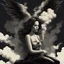 Placeholder: woman sitting forward Her face upward and blows cigarette smoke from their mouth upward. a figure with wings emerging from its back. behind the clouds of smoke look death. dark and mysterious