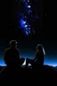 Placeholder: black background on a mountaintop with two silhouettes of a fit man and a silhouette of fit woman sitting close to each other, almost touching and looking at the stars
