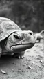 Placeholder: An old picture style of black and white mono very bad quality looks very old camera picture a cracked turtle Face ,the year 1900 in the background from a distance dinosaurs