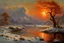 Placeholder: Amazing wonderful sunset, ice, cosmic fantasy winter, epic, vegetations, mountains, sci-fi movies influence, pieter franciscus dierckx, and charles leickert impressionism paintings