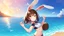 Placeholder: Girl, brown rabbit ears , brown rabbit tail, brown hair, open navel, sea and mountain, morning.