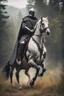 Placeholder: Medieval knight with a black and white checkered cape with a bright colored Lance riding a horse in the wilderness