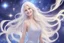 Placeholder: very beautiful cosmic women with white long hair, smiling, with cosmic dress and in the background there is a bautiful sky with stars and light beam